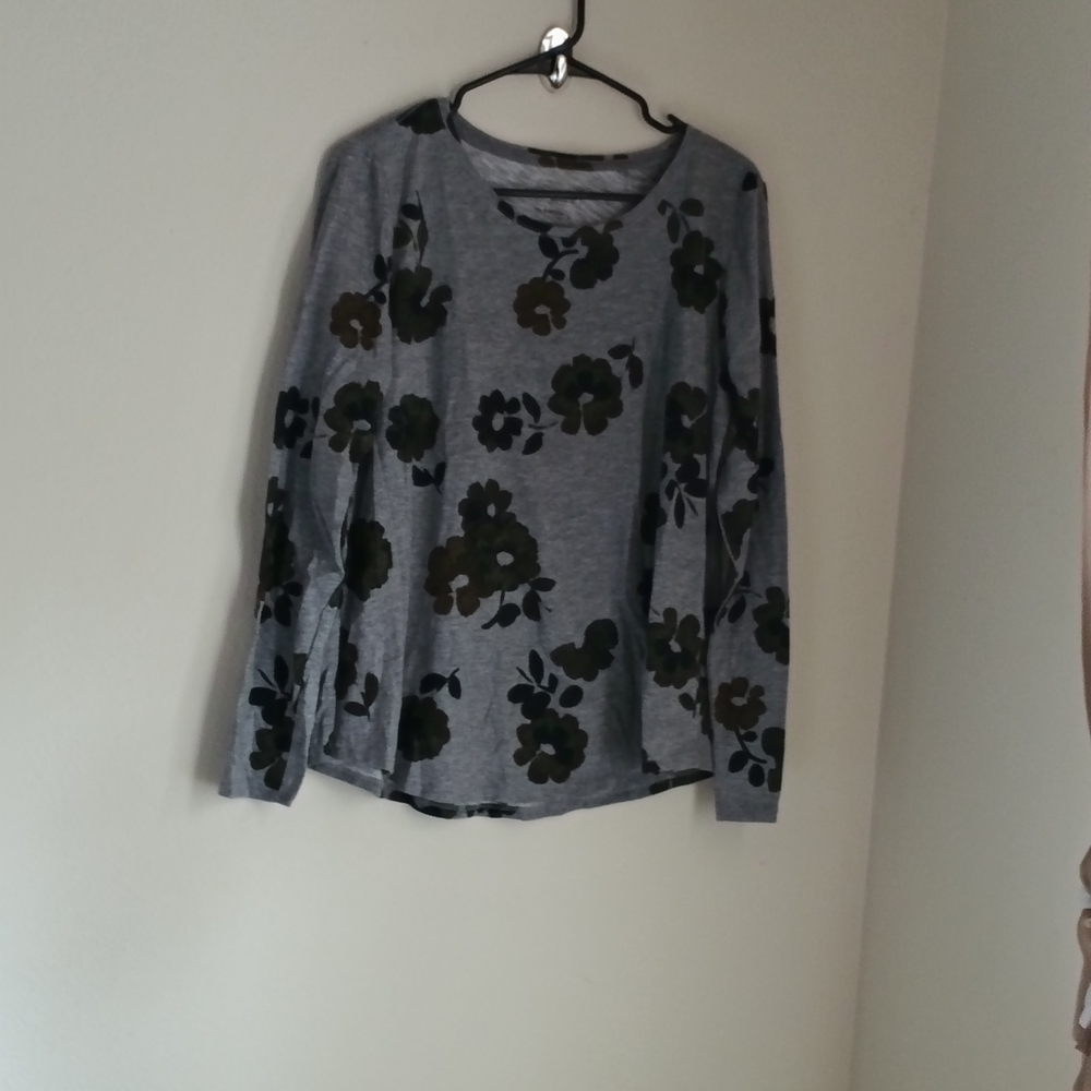 Sonoma Blouse Women Large Gray and Black Shirt Floral Academia Casual Layering